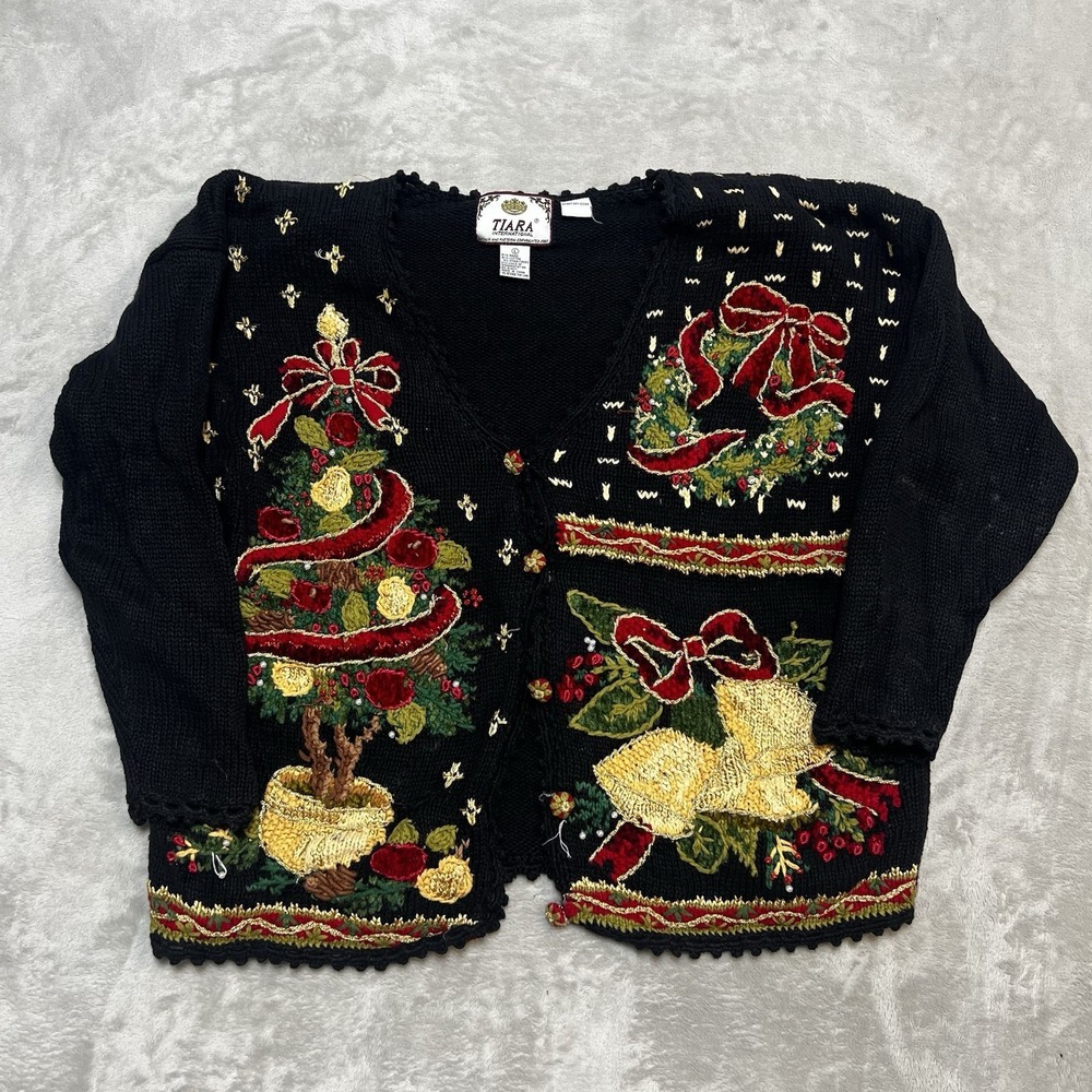 Vintage Tiara International Christmas Tree Knitted Cardigan Sweater Womens Sz LG
